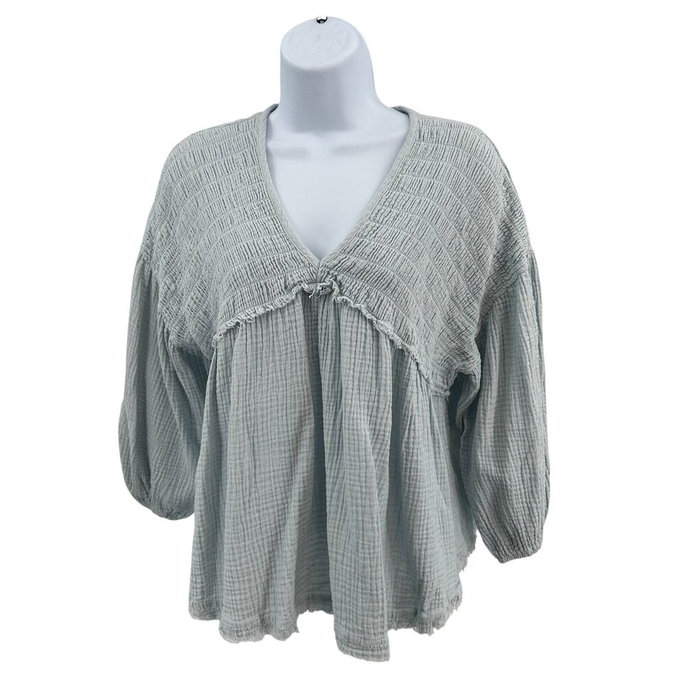 Attar'd State Cropped Sleeve Shirt Ruffle Trim Womens S Light Blue Peplum V-neck
